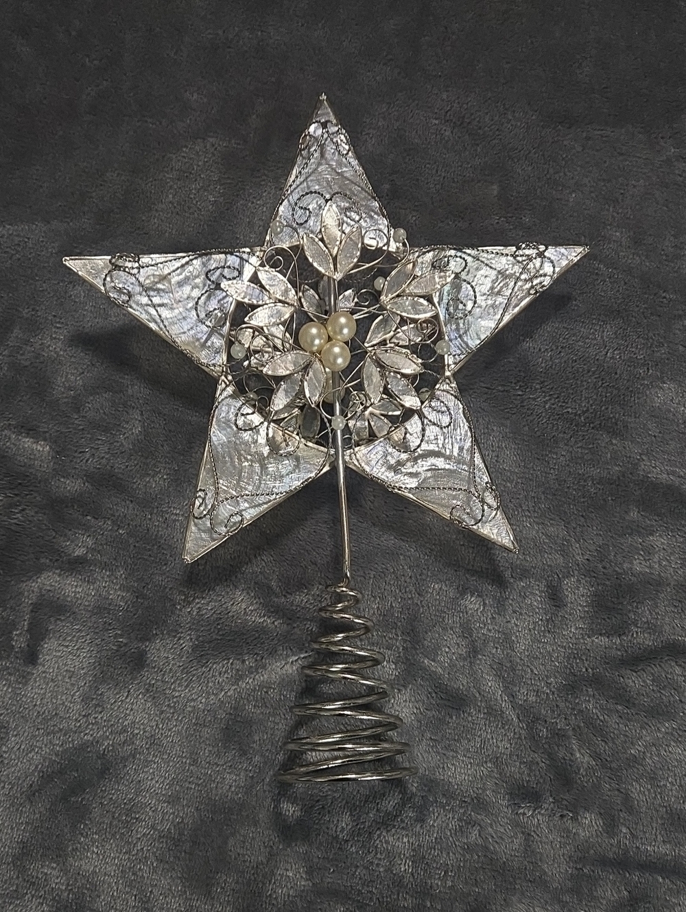 Vintage Christmas Star Capiz Shell Tree Top With Pearls Trim Silver Metal Wire
